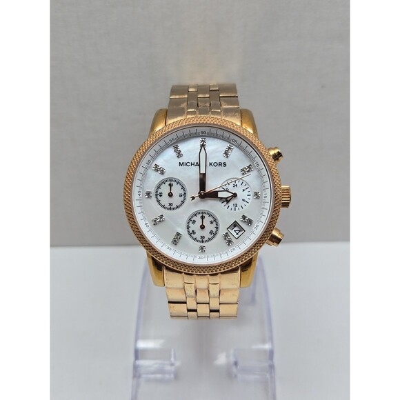 Michael Kors MK5026 Women Rose Gold MOP SS Chronograph Crystal Watch New Battery main image 11